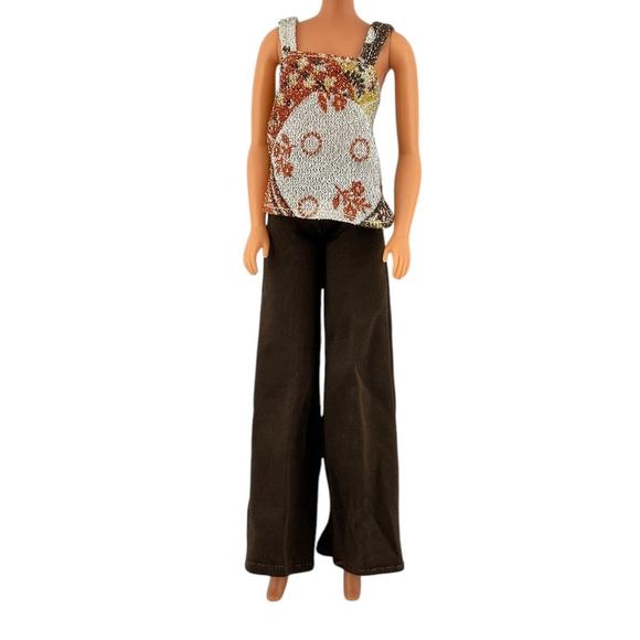 Vtg Fashion Doll Clothes Bell Bottom Pants Shirt Straps Metal Snaps Brown Outfit - Picture 1 of 16